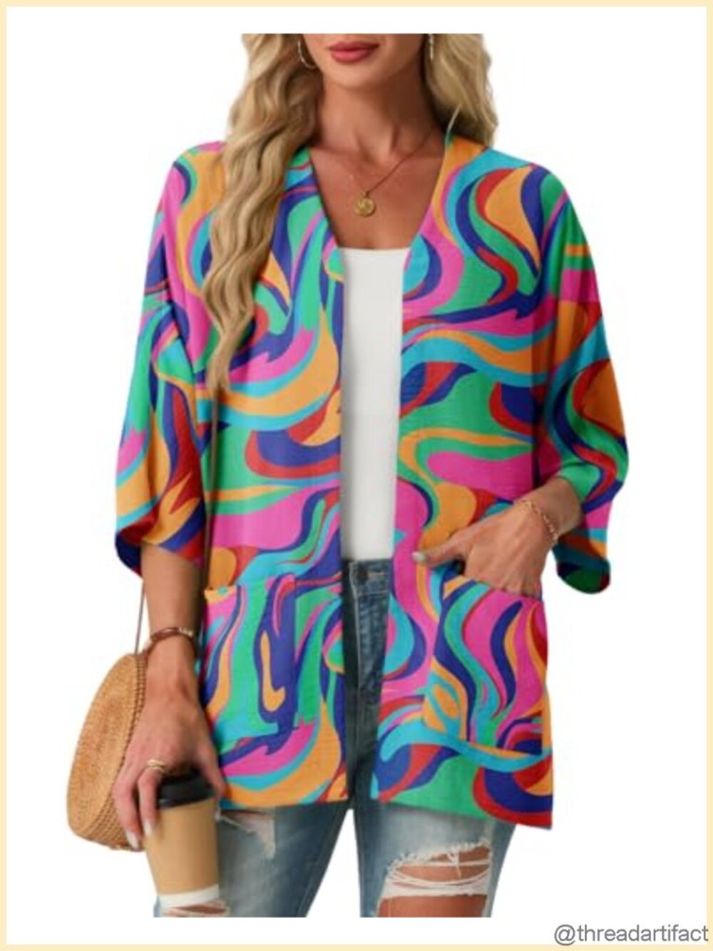 Lightweight Open Front 3/4 Sleeve Kimono Cardigan with Pockets Loose Cover Up